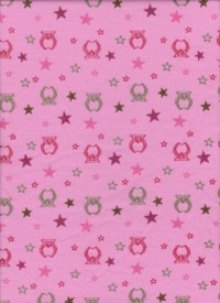Baby Owl and Stars on Pink Cotton Rib Knit