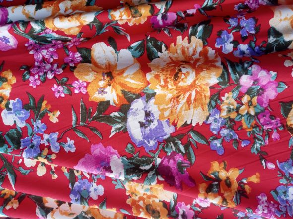 Cute Summer Flowers on Red  Double Brushed Poly Lycra