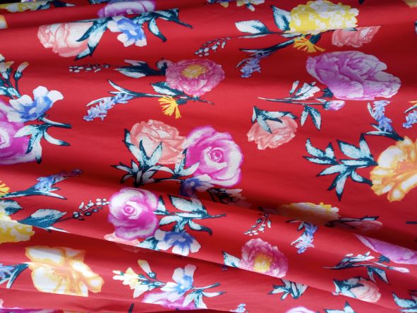 Roses and Flowers on Red DOuble Brushed Poly Lycra