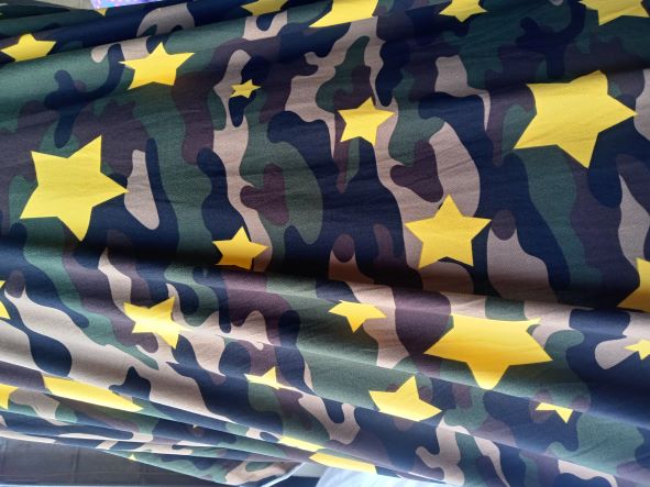 Camo with Yellow Stars on Double Brushed Poly Lycra