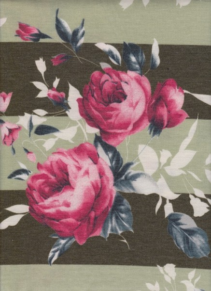 Shabby Flowers and Stripe on Green Rayon Poly Lycra French Terry