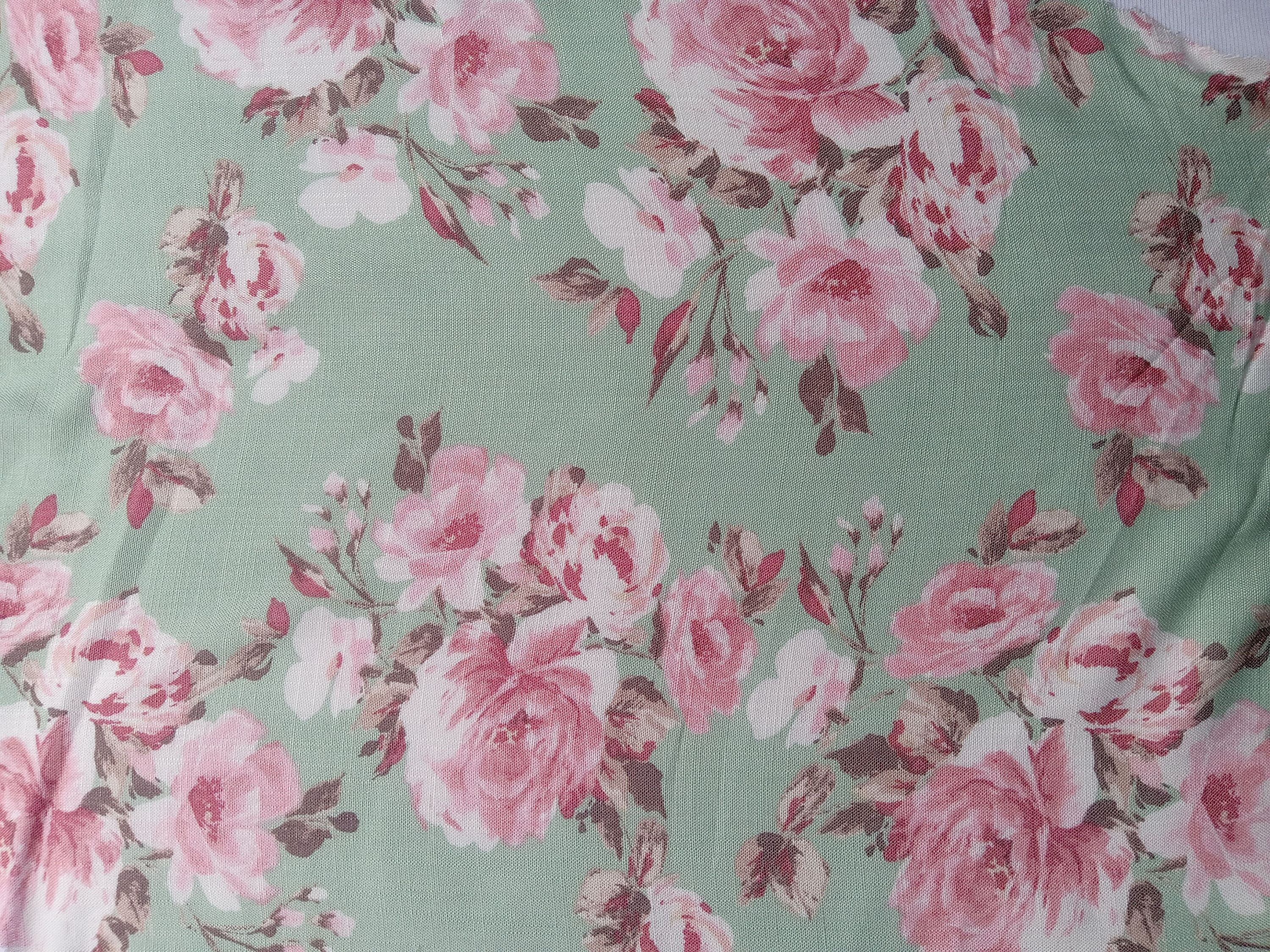 Shabby Flowers on Mint Green Rayon ( Woven) Fabric